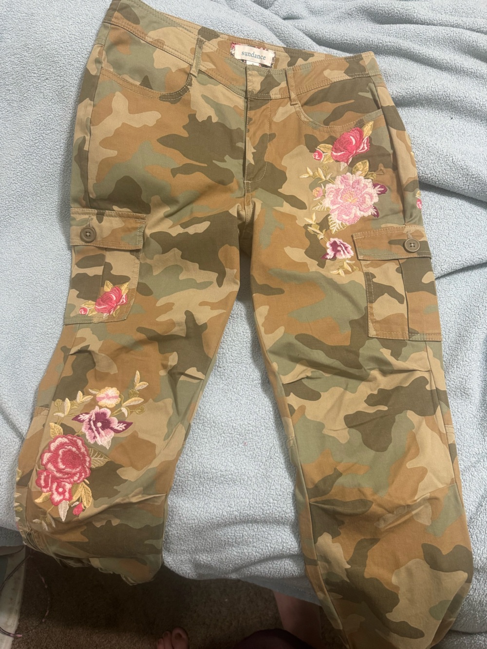 Sundance Camo Cargo Pants with Pink Floral Embroidery